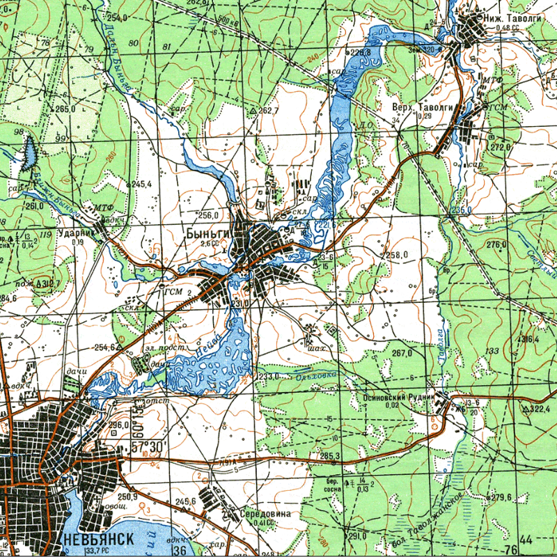 Топографическая карта с дорогой от Невьянска до Нижних Таволог